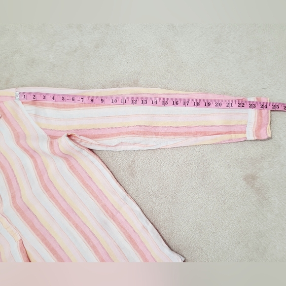 GAP Women’s Popover 100% Linen  Tunic Blouse Pink Multi Stripe Long Sleeve Large - Picture 9 of 11